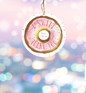 Editable Donut Favor Tags Donut Birthday A Sweet Thank You Donut Tag Stickers Girl Pink Donut Dough Two Sweet Tags Round Template Corjl 0368