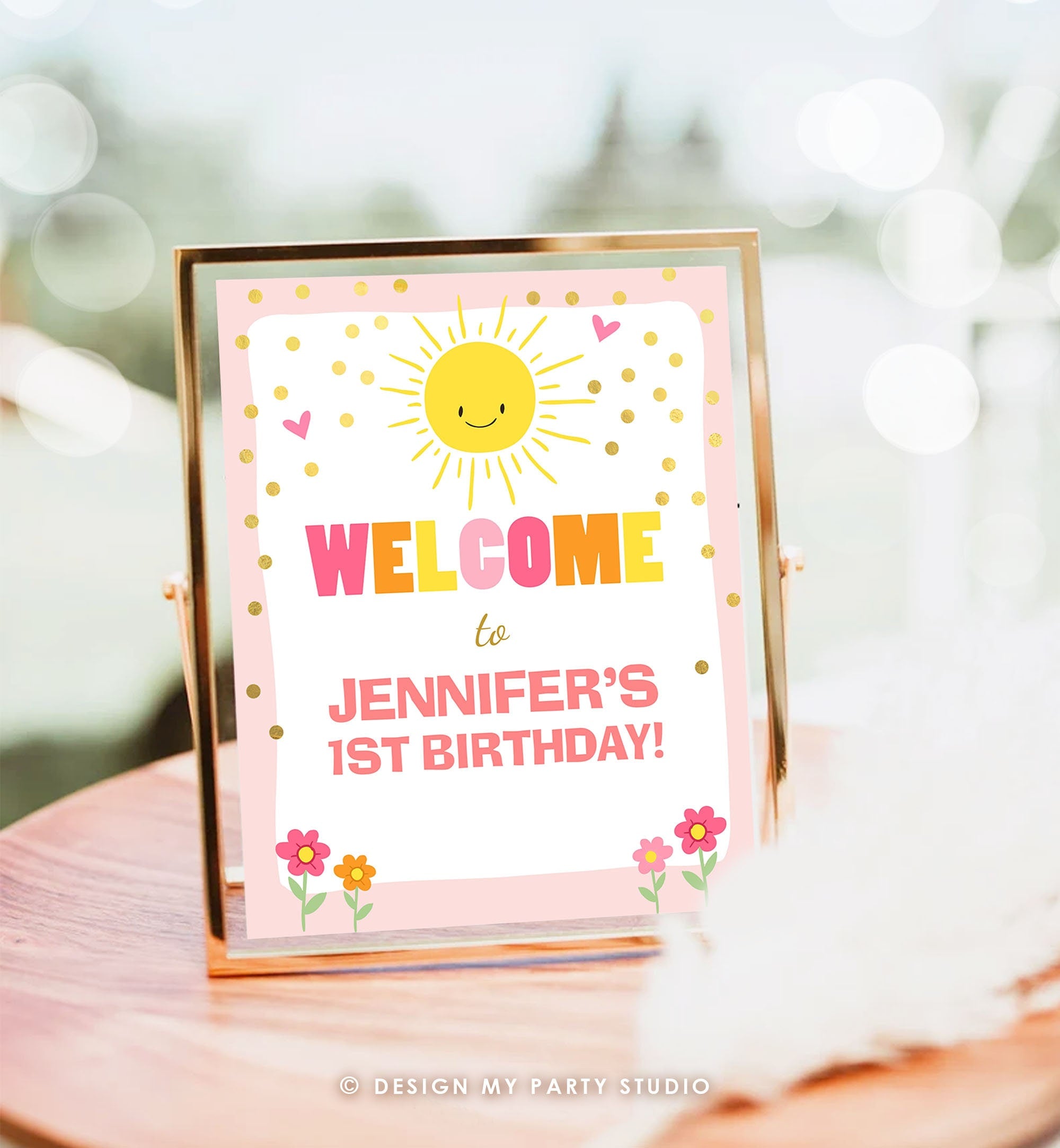 Editable Welcome Sign Sunshine Birthday Little Sunshine Party Baby Shower Welcome Pink and Gold Girl Summer Template PRINTABLE Corjl 0070
