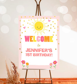 Editable Welcome Sign Sunshine Birthday Little Sunshine Party Baby Shower Welcome Pink and Gold Girl Summer Template PRINTABLE Corjl 0070