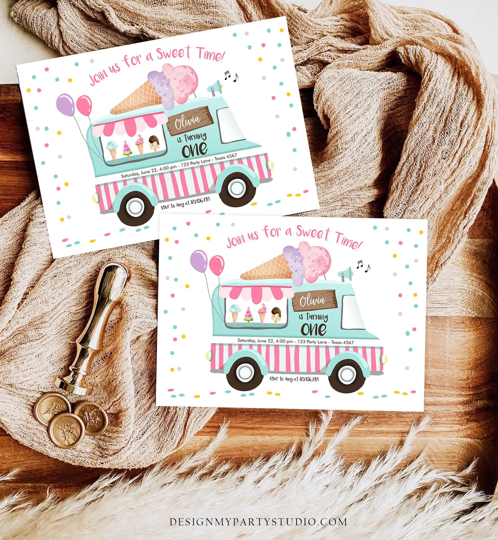 Editable Ice Cream Truck Birthday Invitation Ice Cream Birthday Party Cone Pink Mint Purple Any Age Scoop Printable Template Corjl 0243