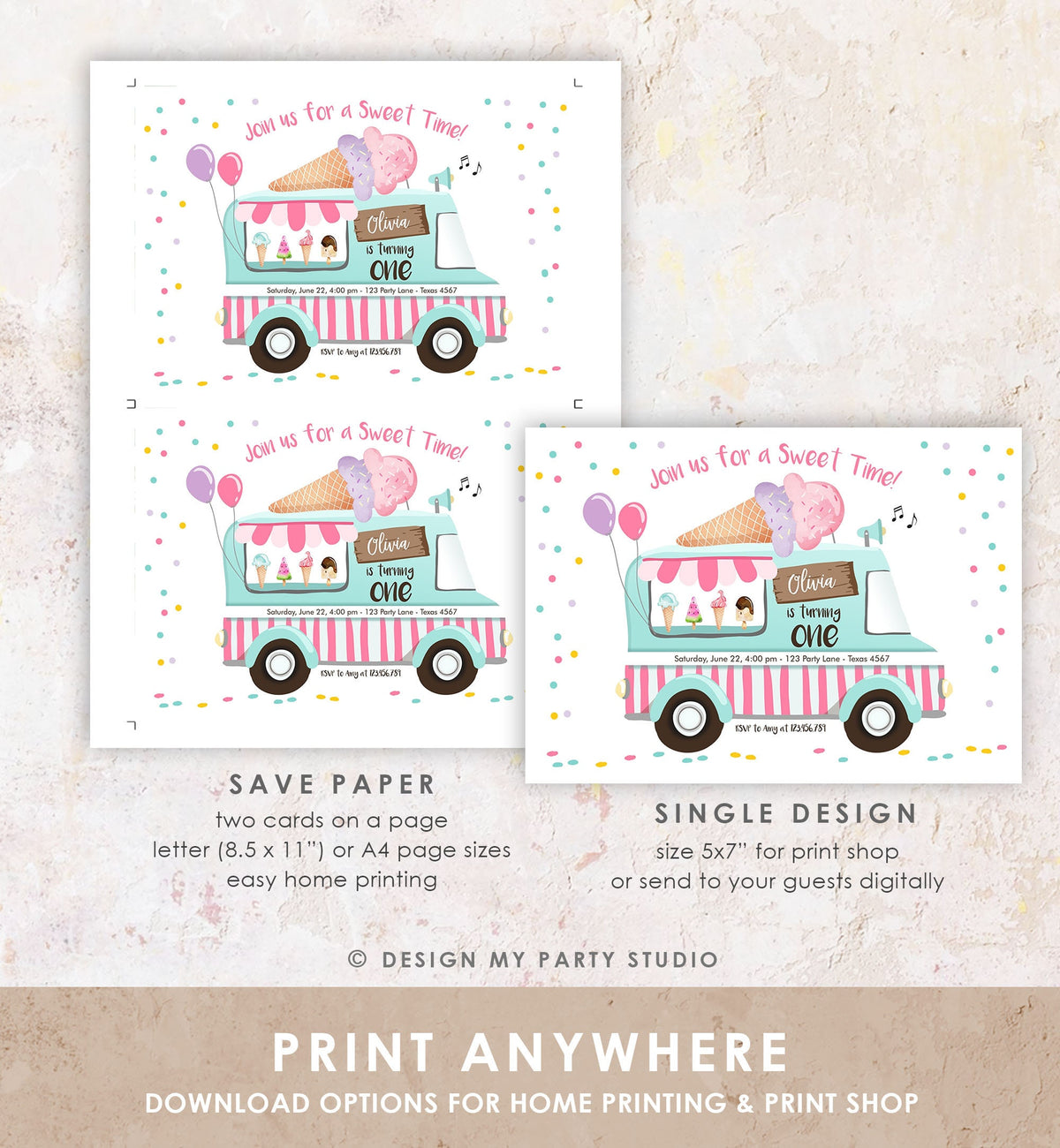 Editable Ice Cream Truck Birthday Invitation Ice Cream Birthday Party Cone Pink Mint Purple Any Age Scoop Printable Template Corjl 0243