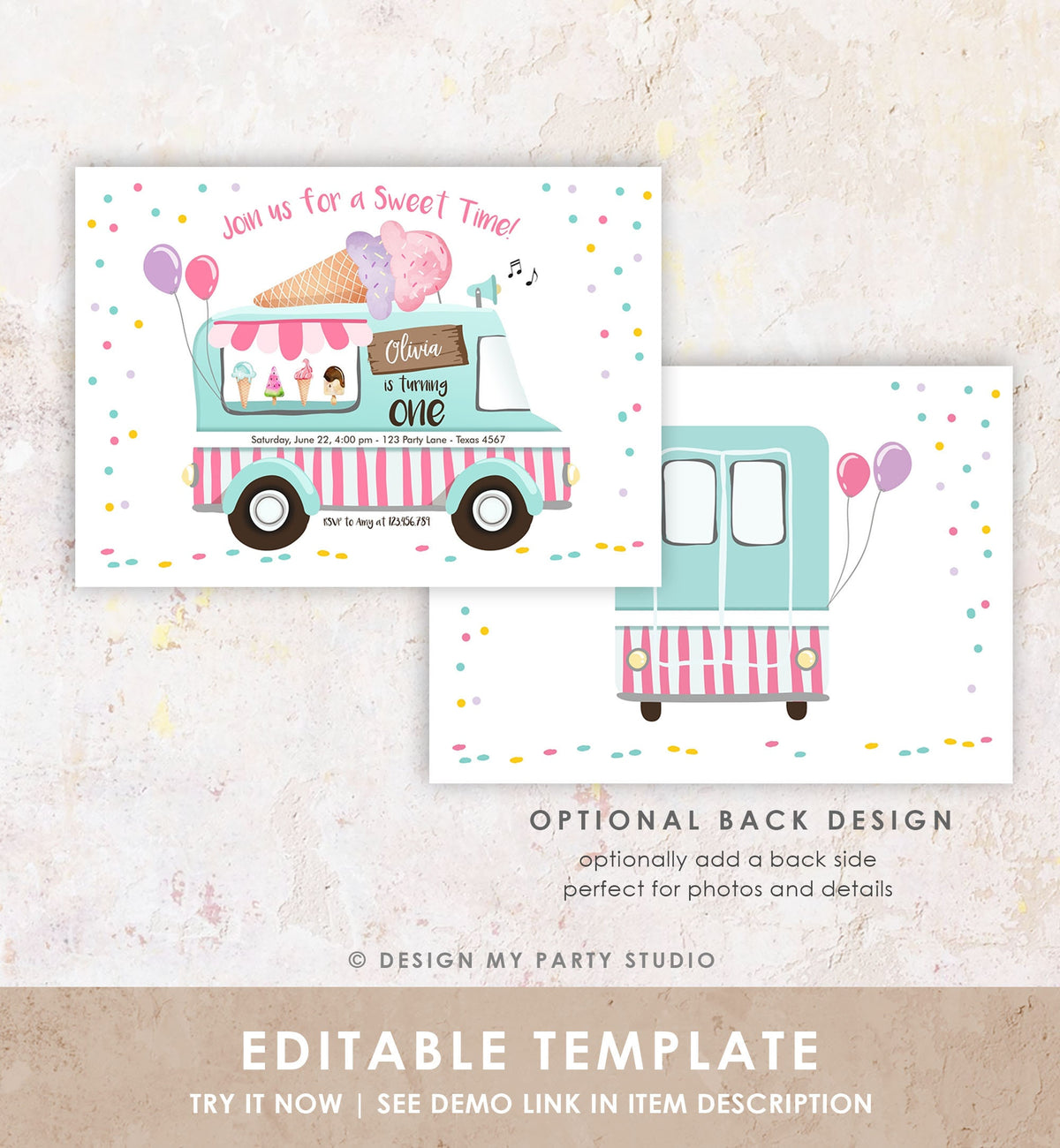 Editable Ice Cream Truck Birthday Invitation Ice Cream Birthday Party Cone Pink Mint Purple Any Age Scoop Printable Template Corjl 0243