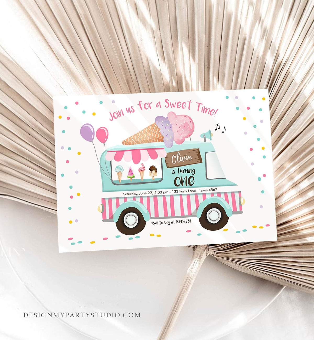 Editable Ice Cream Truck Birthday Invitation Ice Cream Birthday Party Cone Pink Mint Purple Any Age Scoop Printable Template Corjl 0243