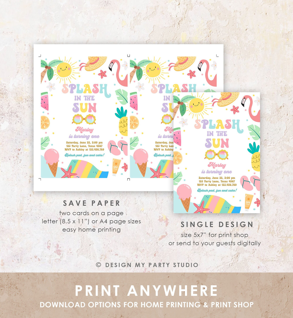 Editable Splash in the Sun 1st Birthday Invitation Pool Party Girl Summer Waterslide Splish Splash Tropical Digital Template Printable 0465