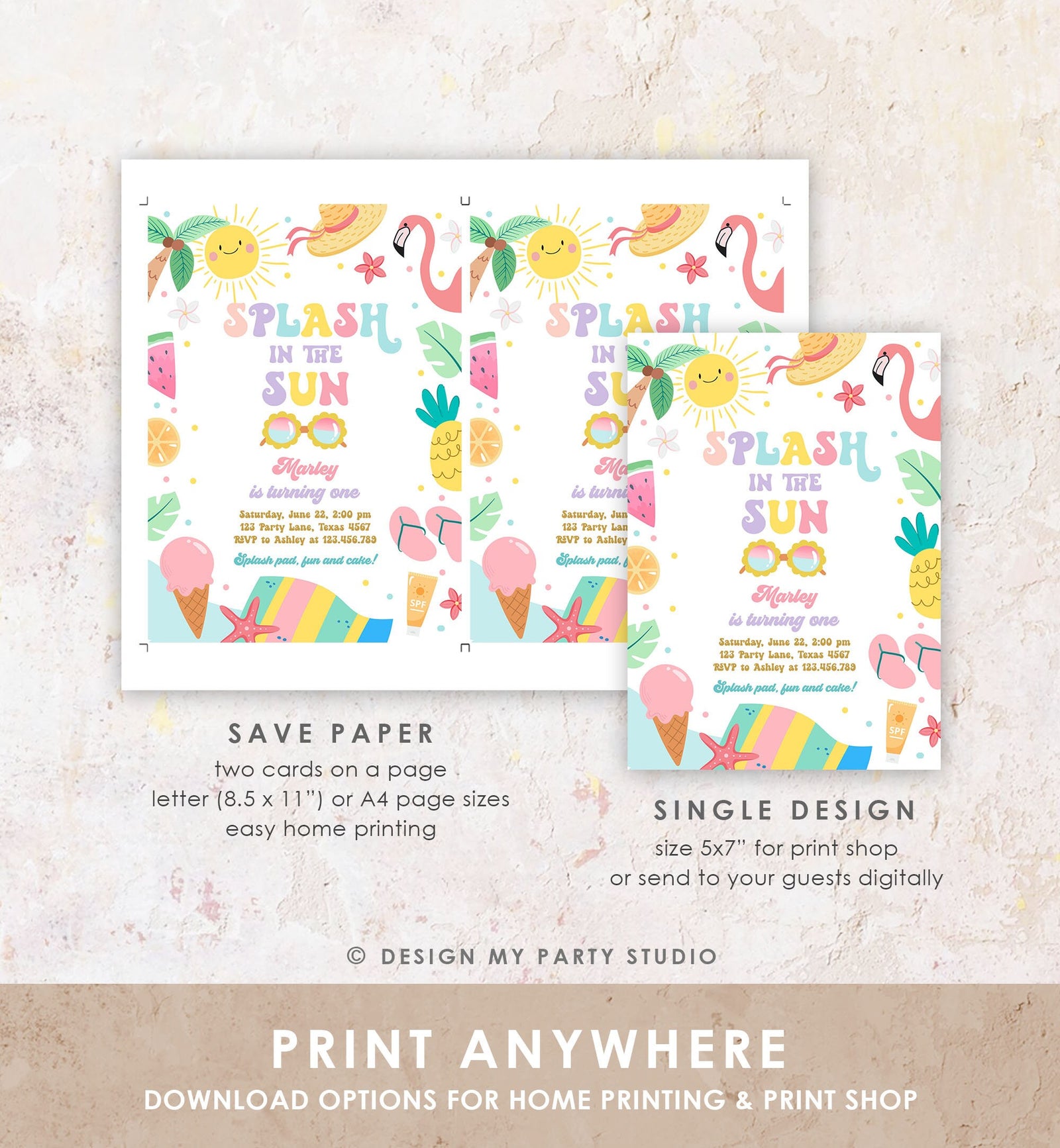 Editable Splash in the Sun 1st Birthday Invitation Pool Party Girl Summer Waterslide Splish Splash Tropical Digital Template Printable 0465