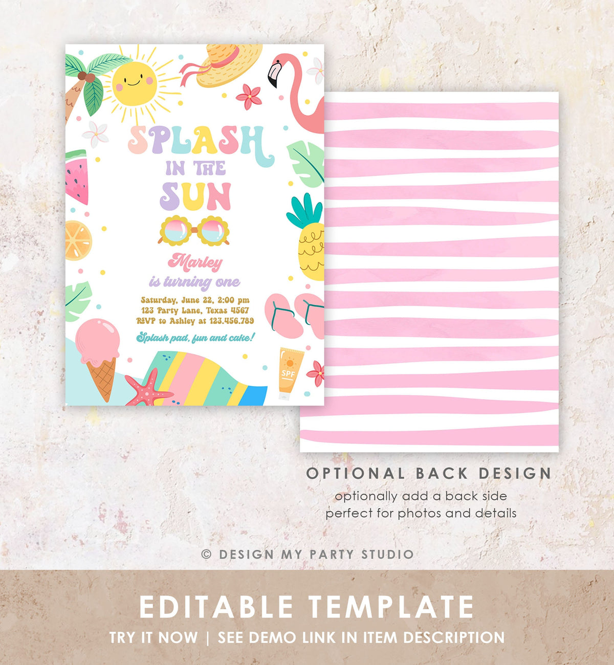 Editable Splash in the Sun 1st Birthday Invitation Pool Party Girl Summer Waterslide Splish Splash Tropical Digital Template Printable 0465