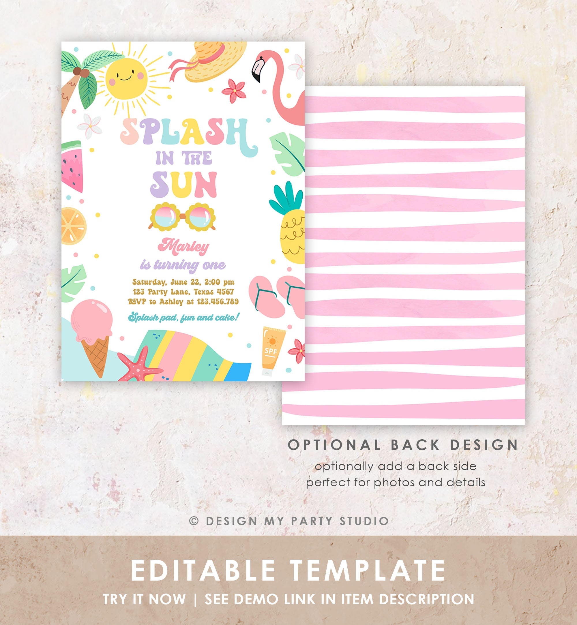 Editable Splash in the Sun 1st Birthday Invitation Pool Party Girl Summer Waterslide Splish Splash Tropical Digital Template Printable 0465
