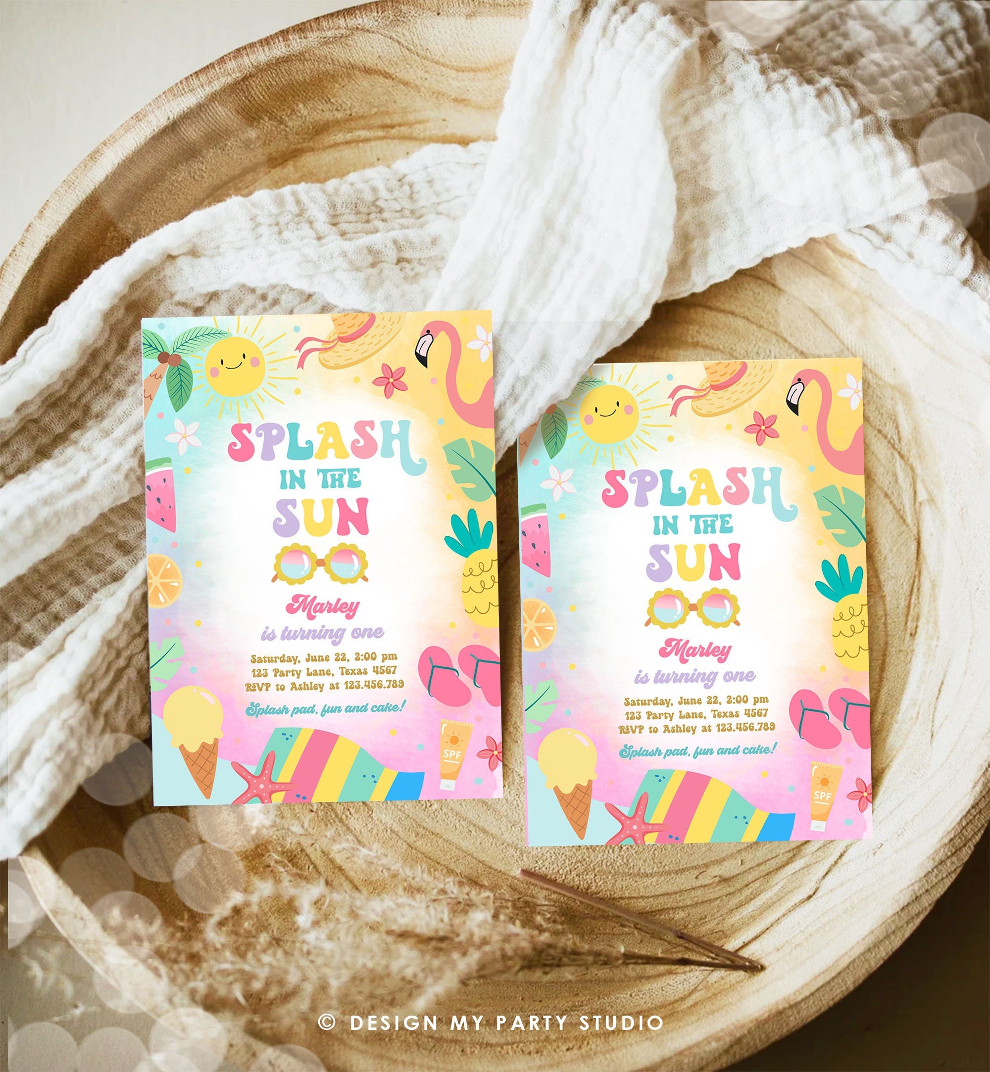 Editable Splash in the Sun 1st Birthday Invitation Pool Party Girl Summer Waterslide Splish Splash Tropical Download Template Printable 0465