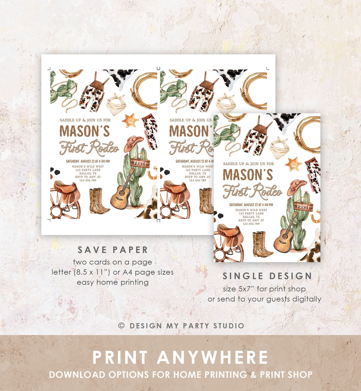 Editable First Rodeo Birthday Party Invitation Cowboy 1st Birthday Boy Wild West Birthday Western Download Printable Template Corjl 0509