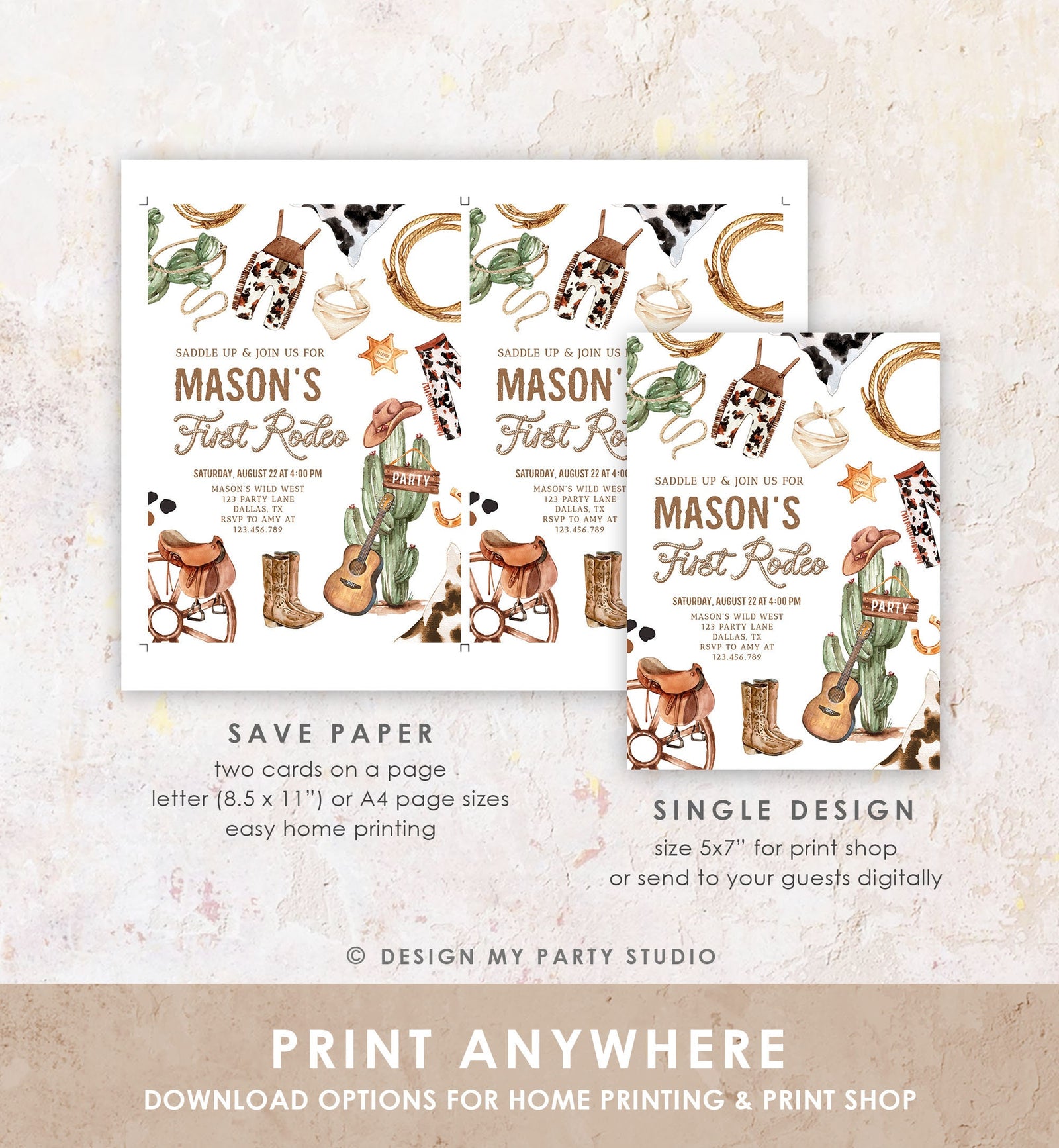 Editable First Rodeo Birthday Party Invitation Cowboy 1st Birthday Boy Wild West Birthday Western Download Printable Template Corjl 0509