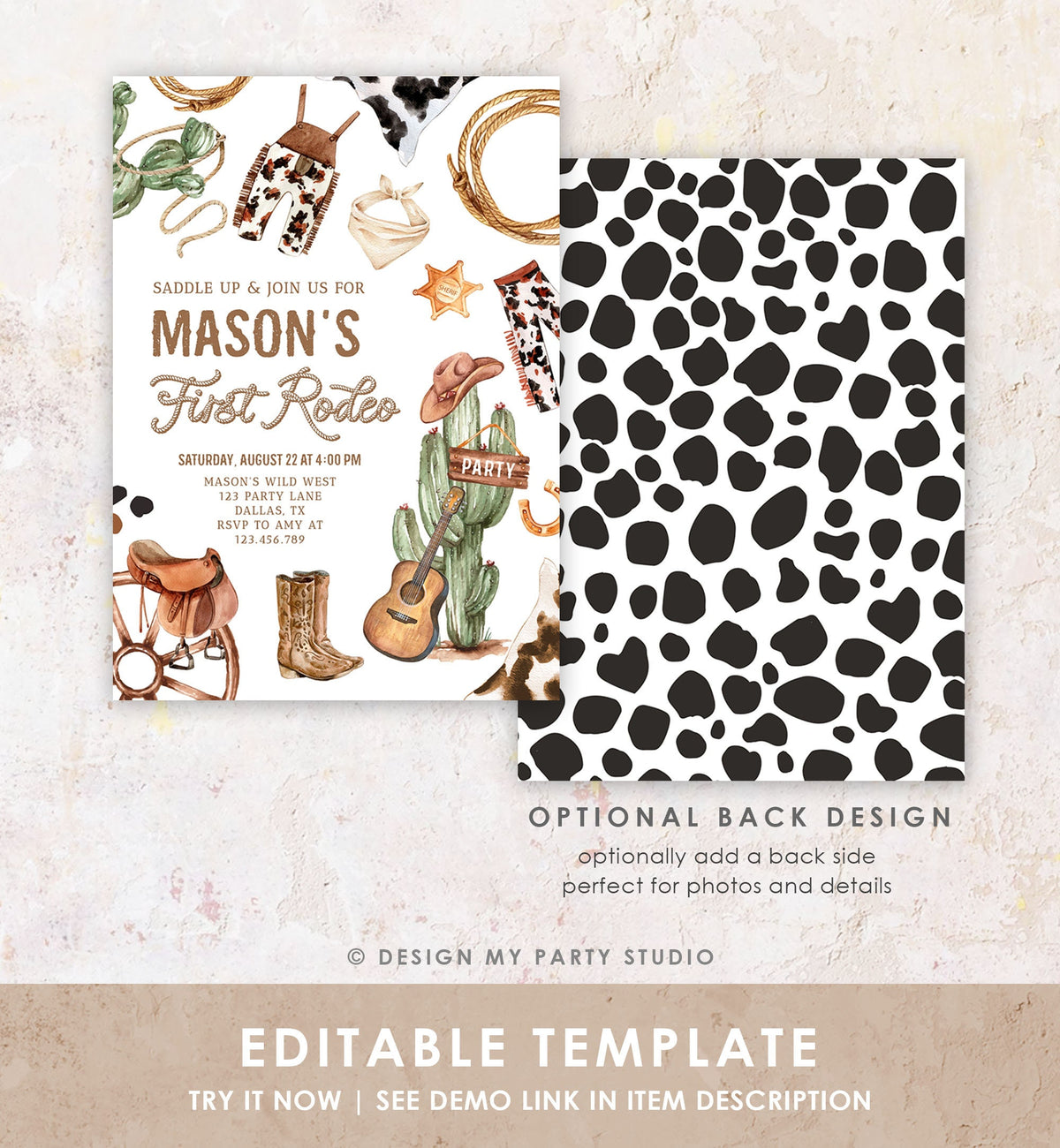 Editable First Rodeo Birthday Party Invitation Cowboy 1st Birthday Boy Wild West Birthday Western Download Printable Template Corjl 0509