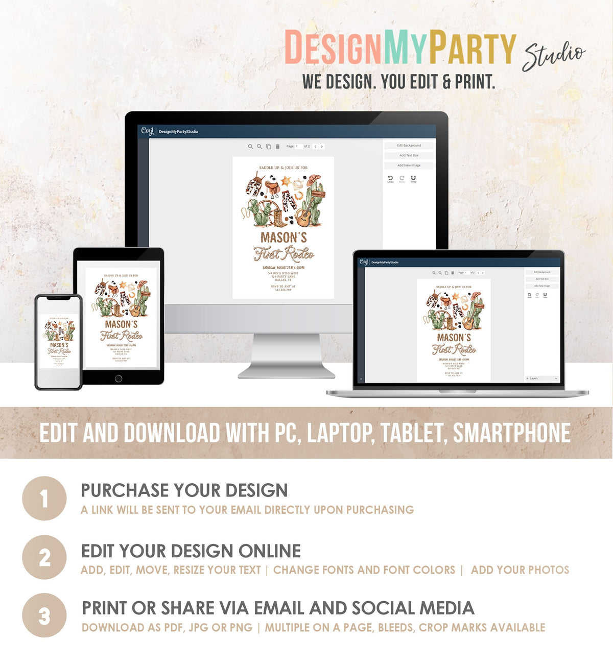 Editable First Rodeo Birthday Party Invitation Cowboy 1st Birthday Boy Wild West Birthday Western Download Evite Template Printable 0509