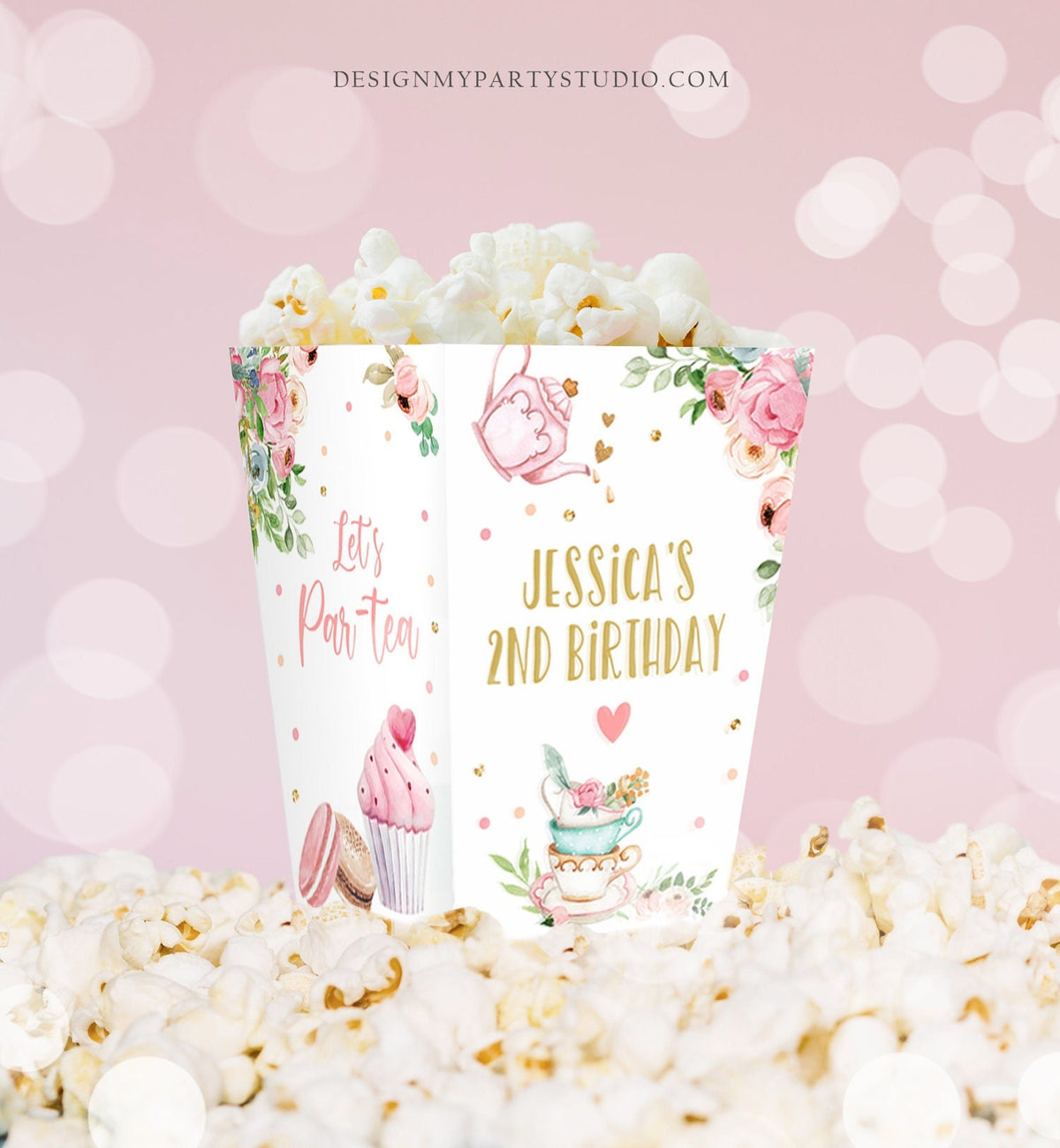 Editable Tea Party Popcorn Box Tea Party Birthday Baby Shower Greenery Garden Floral Holder Cup Favor Box Digital Template Printable 0349