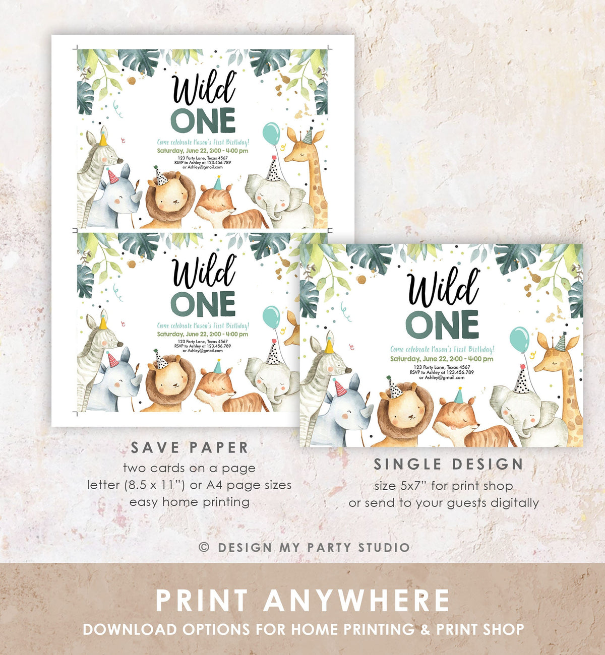 Editable Wild One Birthday Invitation First Birthday Safari Animals Party Animals Watercolor Download Digital Evite Template Printable 0163