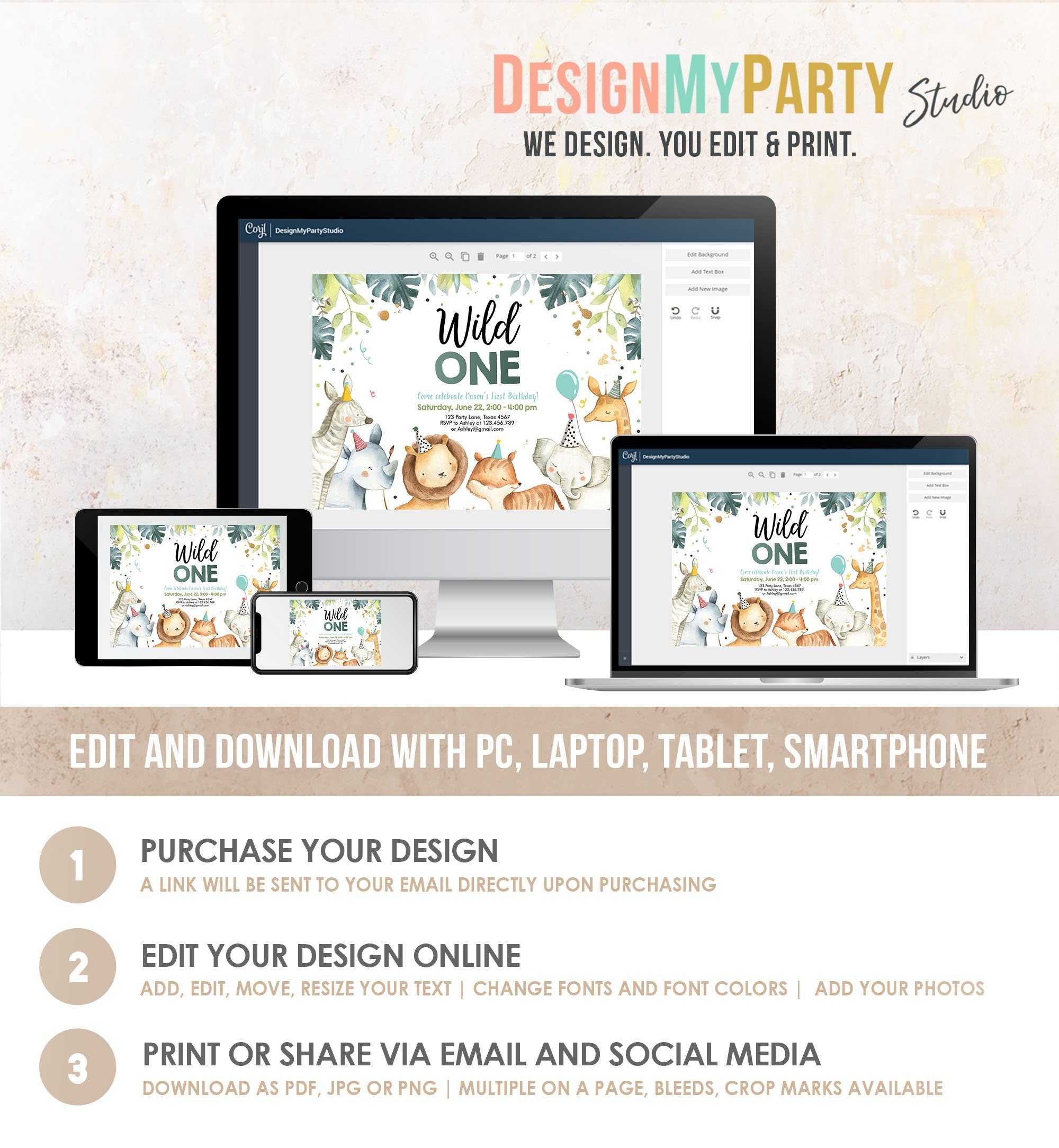 Editable Wild One Birthday Invitation First Birthday Safari Animals Party Animals Watercolor Download Digital Evite Template Printable 0163