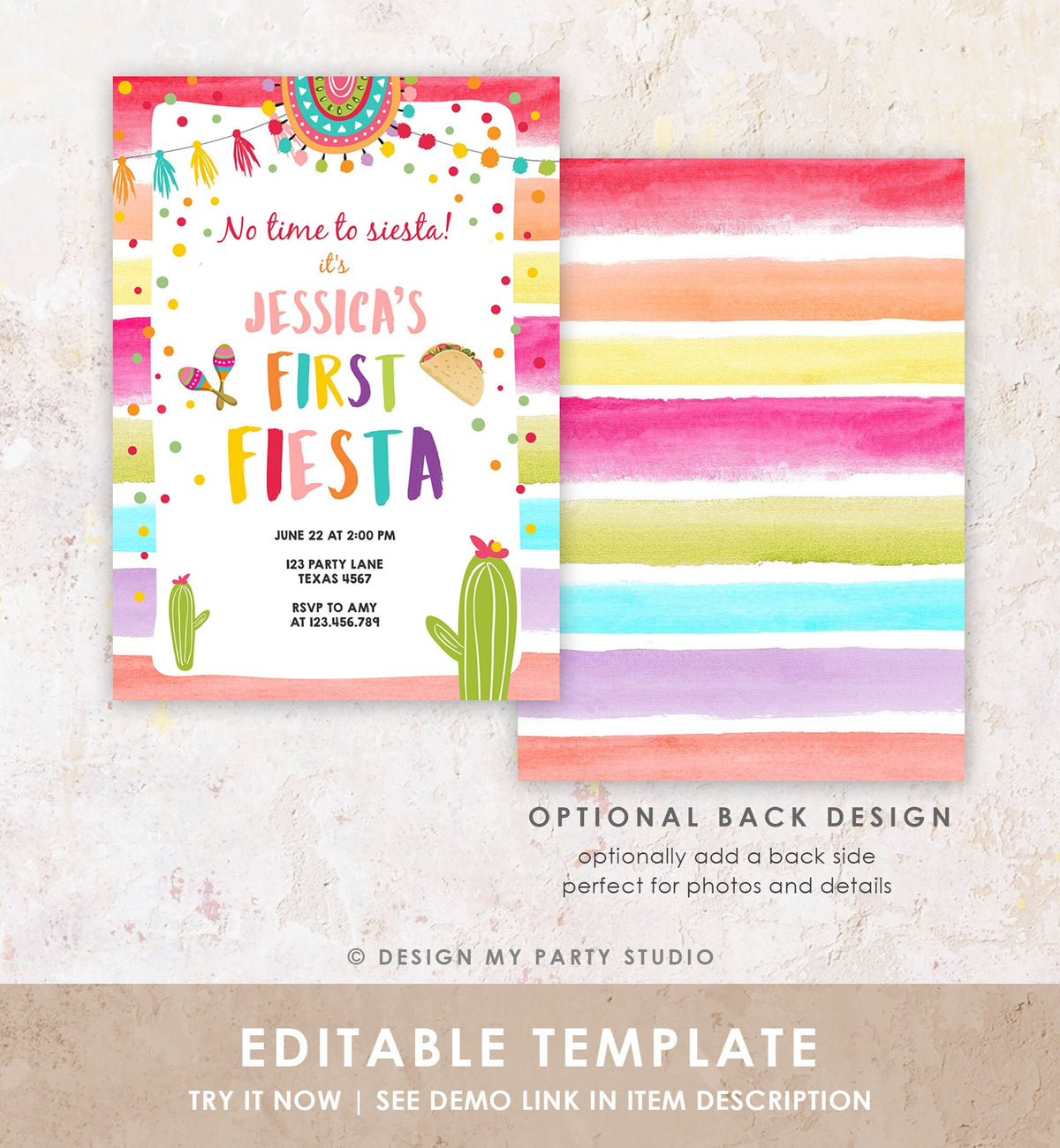Editable First Fiesta Invitation 1st Fiesta Birthday Boho Mexican Cactus Succulent Desert Floral Girl Digital Evite Template Printable 0134