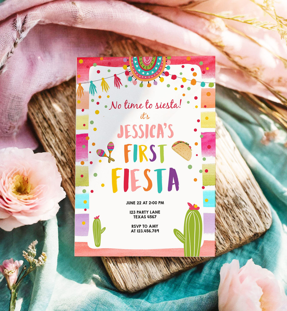 Editable First Fiesta Invitation 1st Fiesta Birthday Boho Mexican Cactus Succulent Desert Floral Girl Digital Evite Template Printable 0134