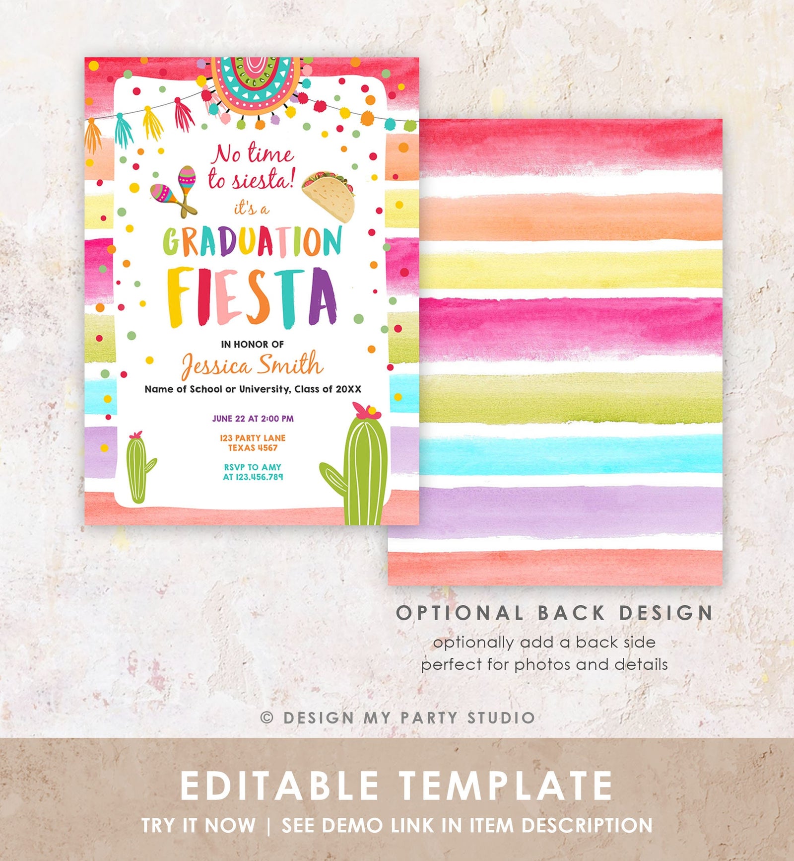 Editable Graduation Party Invitation Graduation Fiesta Grad Party Mexican College School Class Girl Digital Evite Template Printable 0134