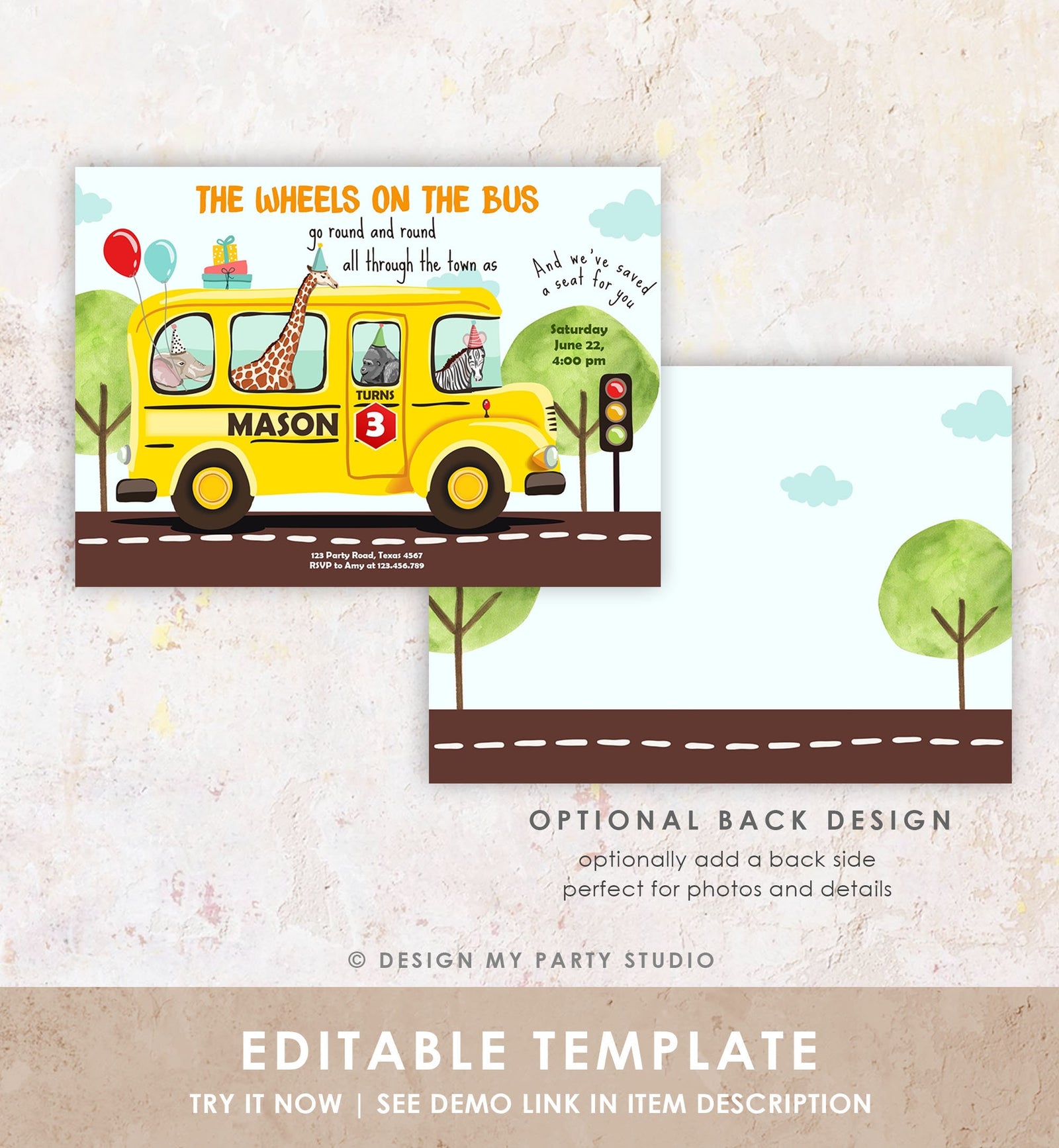 Editable Wheels on the Bus Birthday Invitation Bus Party Invite School Bus Animals Boy Girl Download Printable Template Digital Corjl 0325