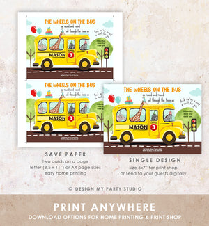Editable Wheels on the Bus Birthday Invitation Bus Party Invite School Bus Animals Boy Girl Download Printable Template Digital Corjl 0325