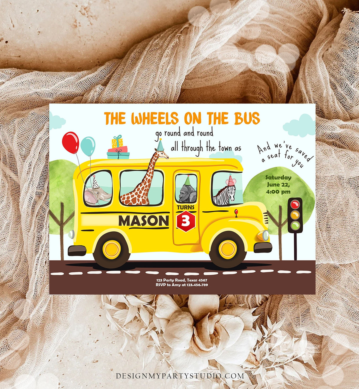 Editable Wheels on the Bus Birthday Invitation Bus Party Invite School Bus Animals Boy Girl Download Printable Template Digital Corjl 0325