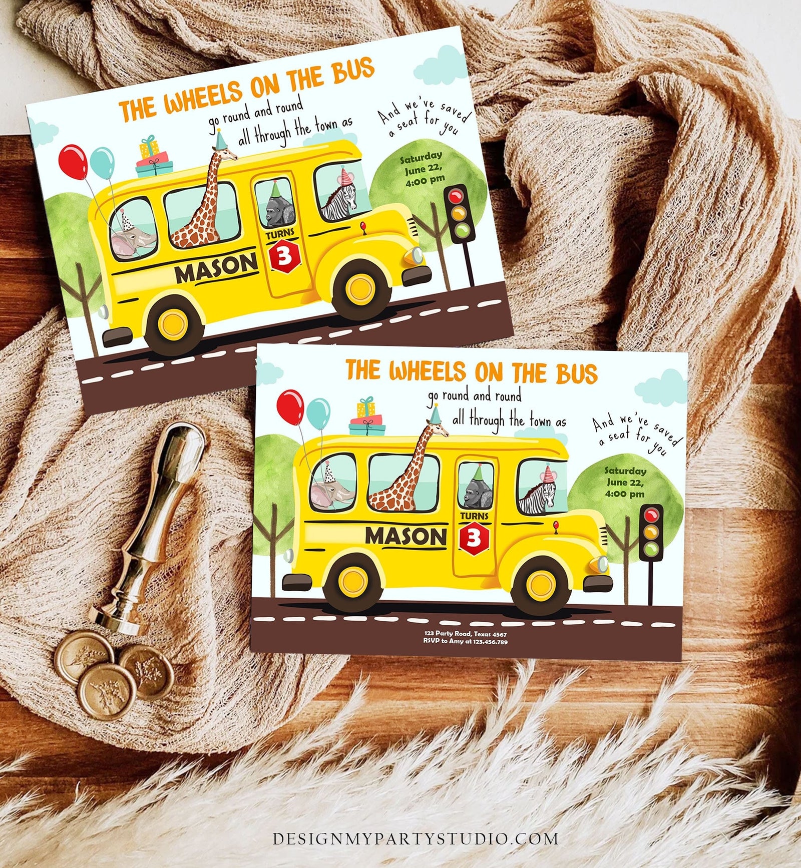 Editable Wheels on the Bus Birthday Invitation Bus Party Invite School Bus Animals Boy Girl Download Printable Template Digital Corjl 0325