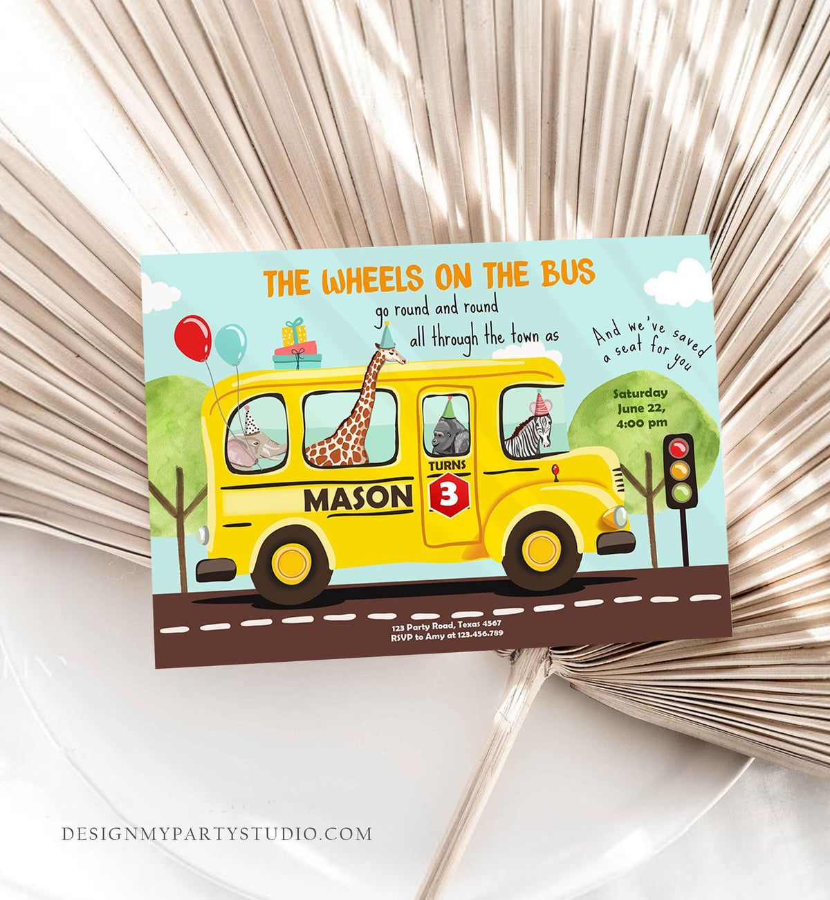 Editable Wheels on the Bus Birthday Invitation Bus Party Invite School Bus Animals Boy Girl Download Printable Template Digital Corjl 0325