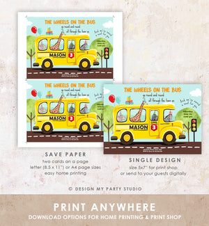 Editable Wheels on the Bus Birthday Invitation Bus Party Invite School Bus Animals Boy Girl Download Printable Template Digital Corjl 0325