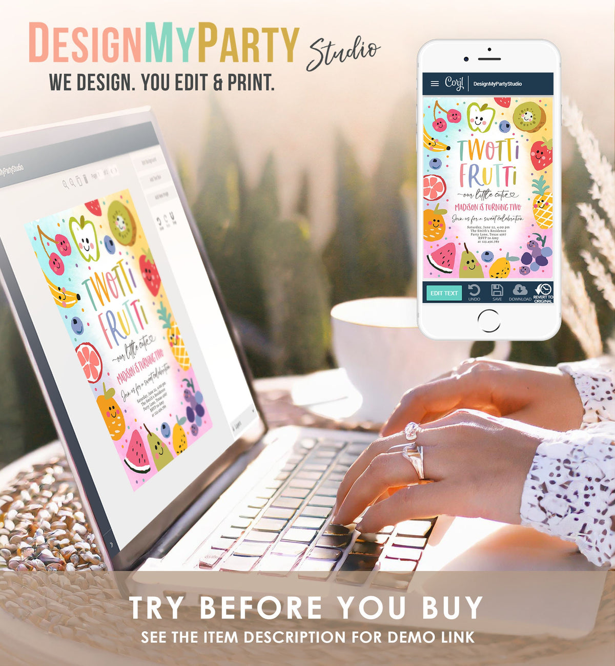 Editable Two-tti Frutti Birthday Invitation Twotti Frutti Party Fruit Tropical Summer Two Girl Download Printable Template Digital 0510