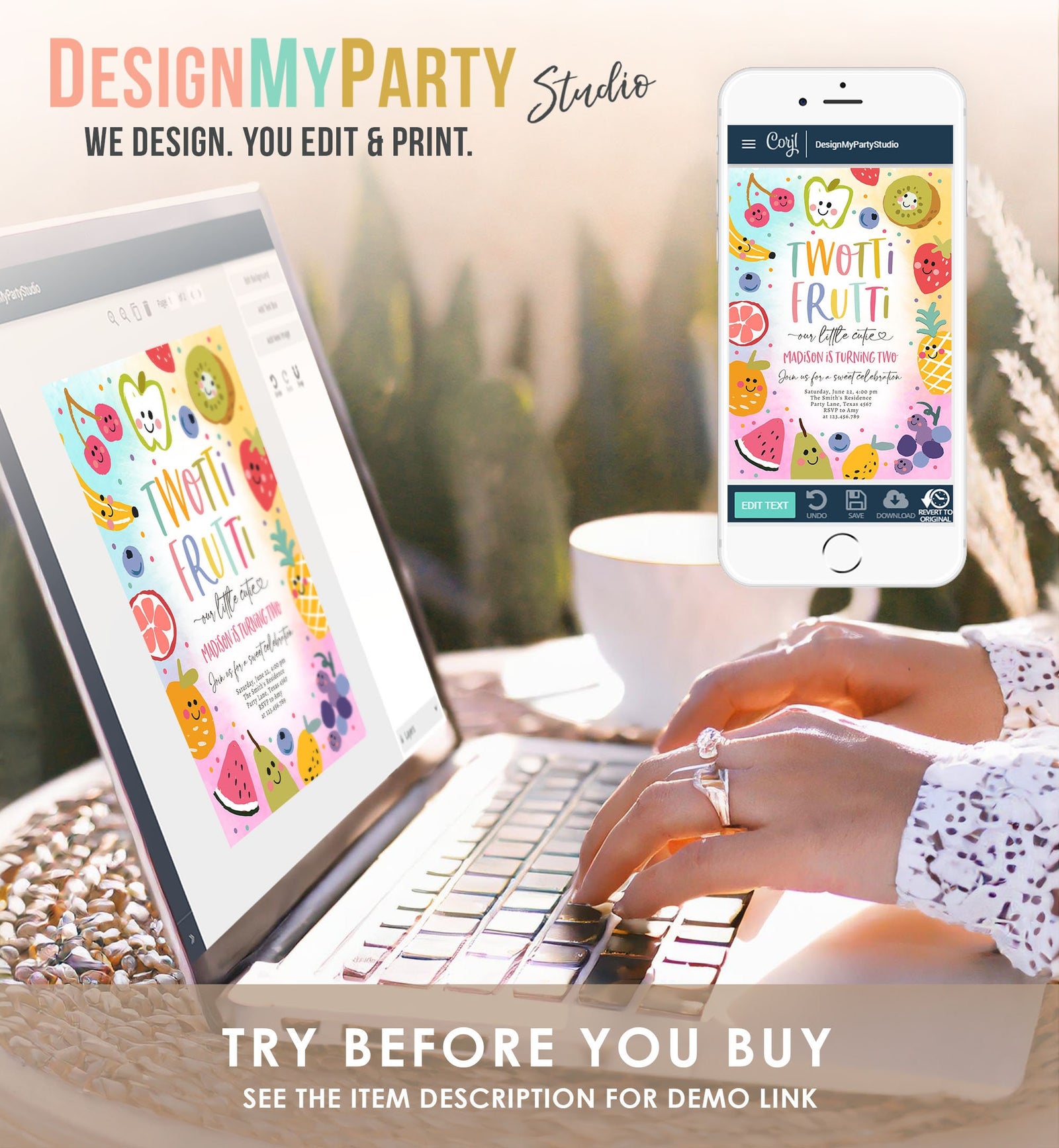 Editable Two-tti Frutti Birthday Invitation Twotti Frutti Party Fruit Tropical Summer Two Girl Download Printable Template Digital 0510