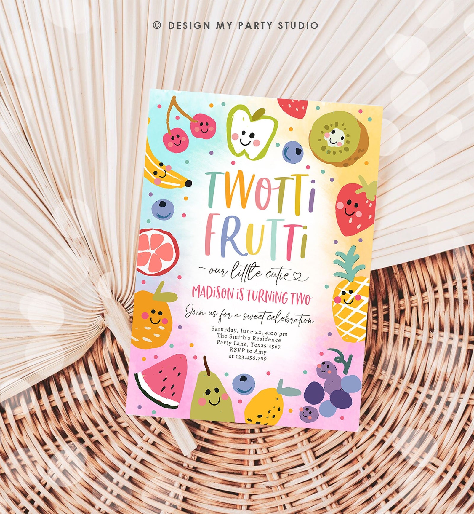Editable Two-tti Frutti Birthday Invitation Twotti Frutti Party Fruit Tropical Summer Two Girl Download Printable Template Digital 0510