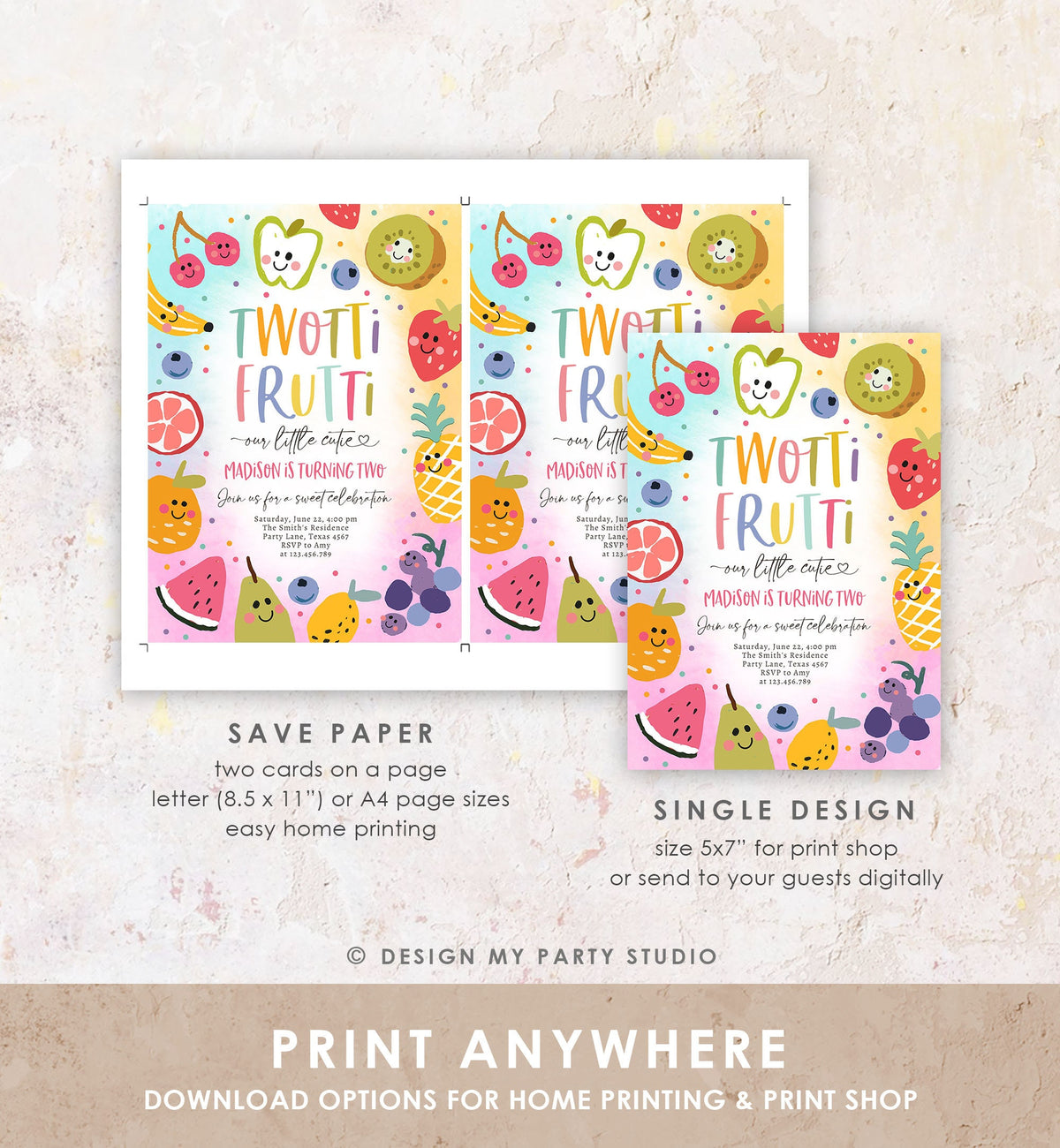 Editable Two-tti Frutti Birthday Invitation Twotti Frutti Party Fruit Tropical Summer Two Girl Download Printable Template Digital 0510