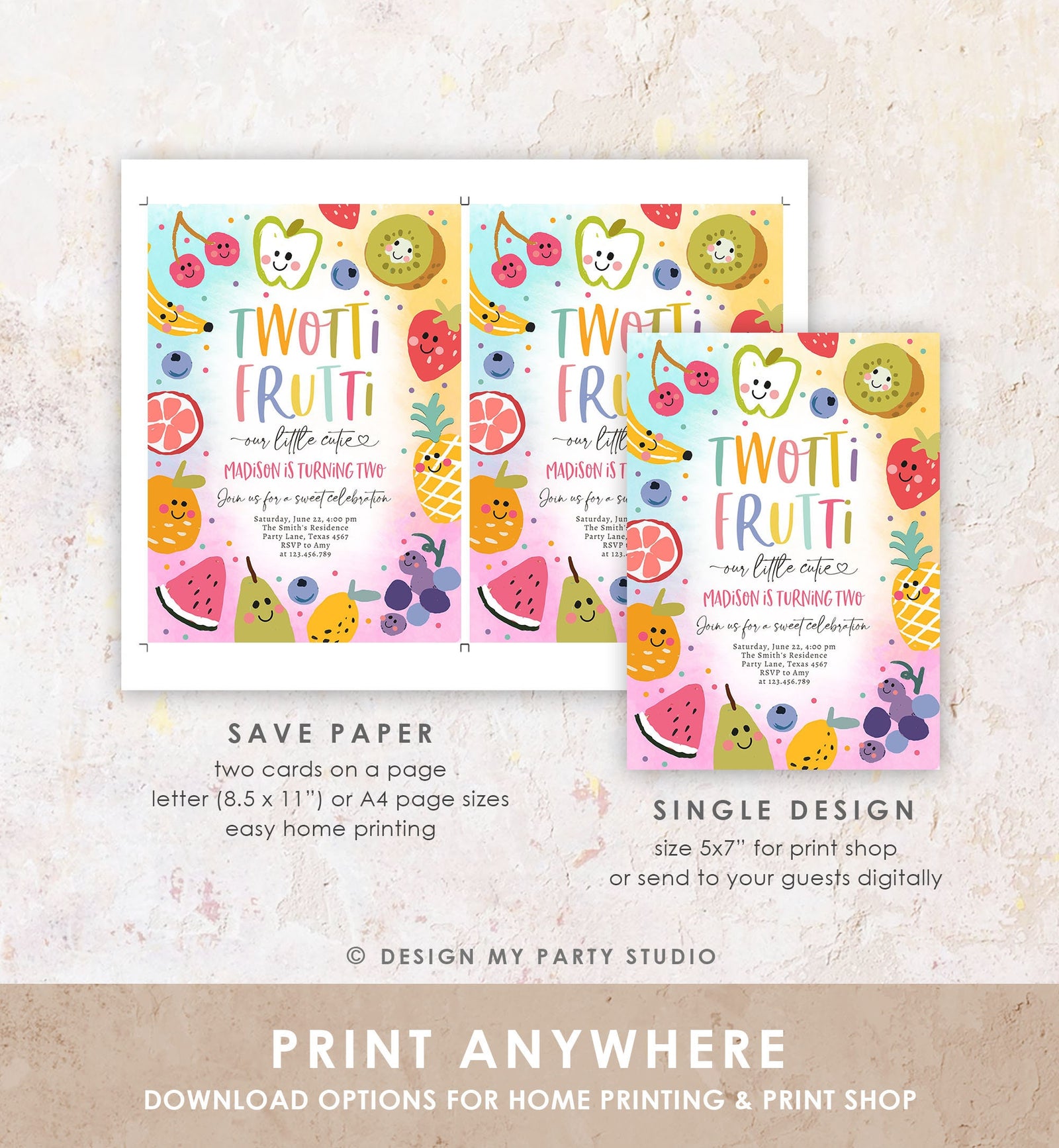 Editable Two-tti Frutti Birthday Invitation Twotti Frutti Party Fruit Tropical Summer Two Girl Download Printable Template Digital 0510