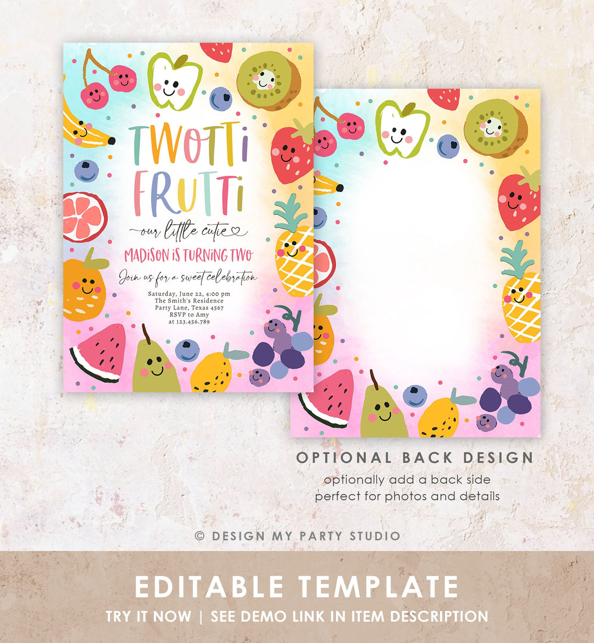 Editable Two-tti Frutti Birthday Invitation Twotti Frutti Party Fruit Tropical Summer Two Girl Download Printable Template Digital 0510