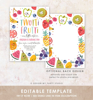 Editable Two-tti Frutti Birthday Invitation Twotti Frutti Party Fruit Tropical Summer Two Girl Download Printable Template Digital 0510