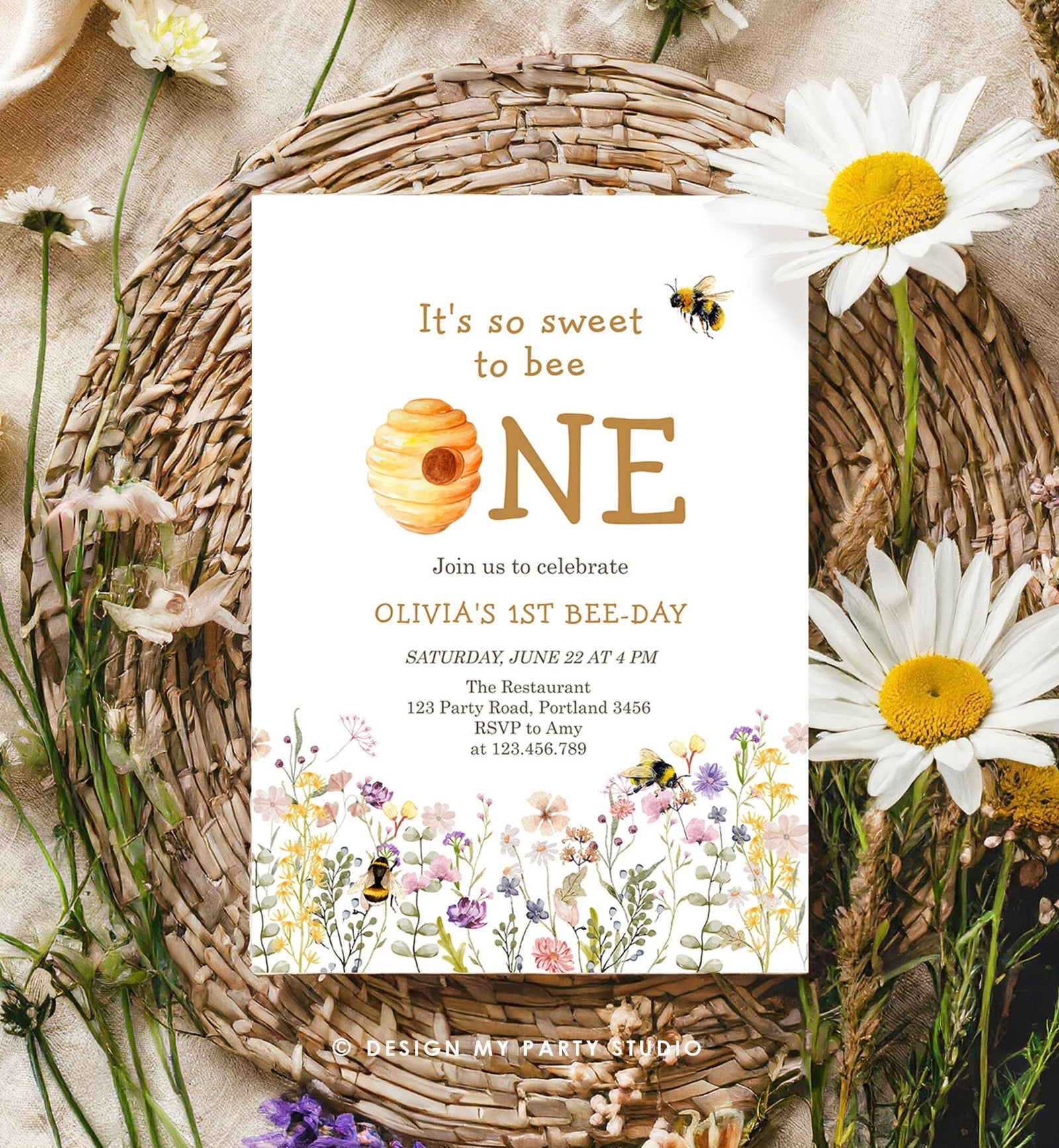 Editable Sweet to Bee One Invitation First Bee-Day Party 1st Bee Day Honey Girl First Birthday Bumble Bee Digital Template Printable 0502
