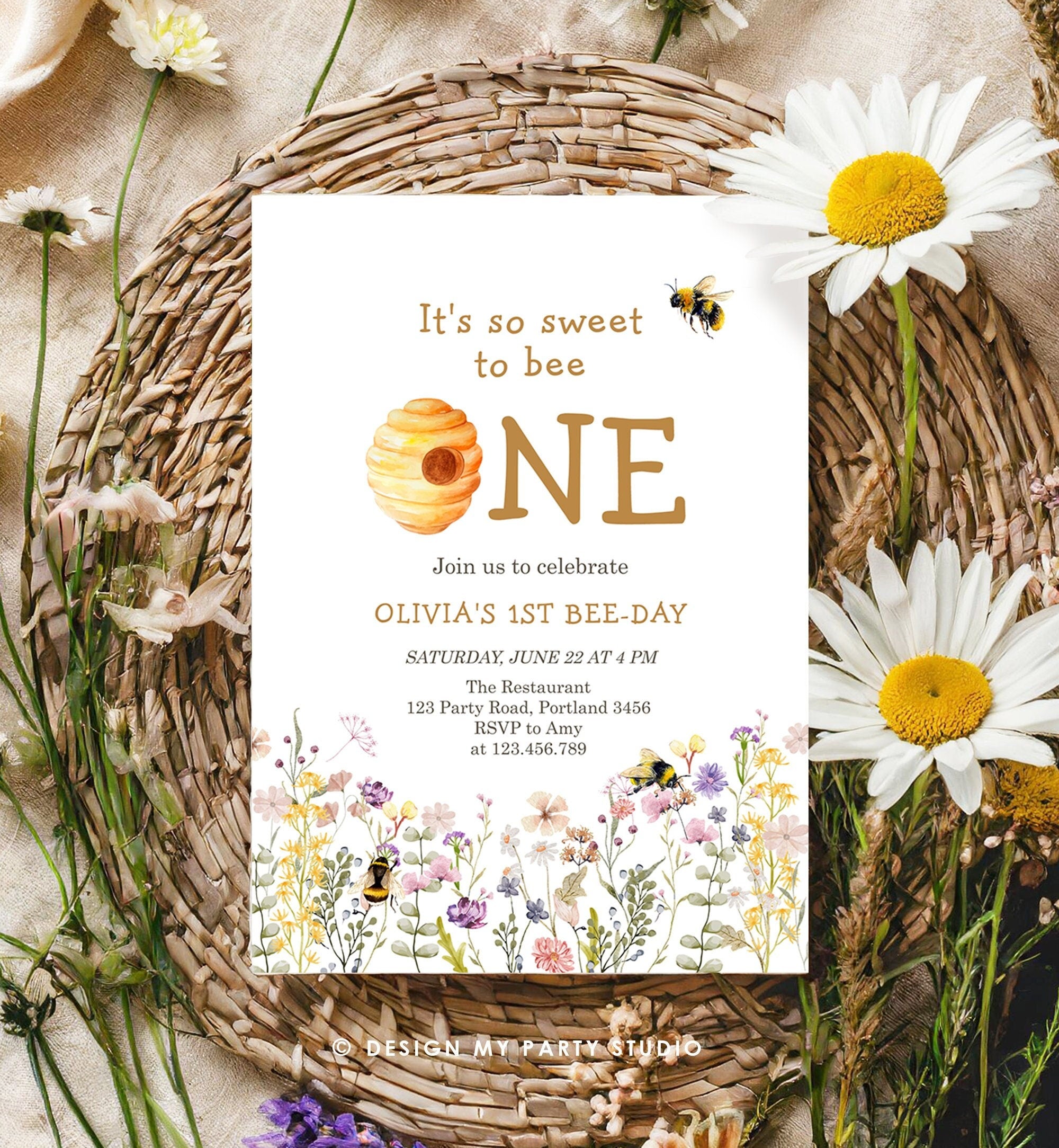 Editable Sweet to Bee One Invitation First Bee-Day Party 1st Bee Day Honey Girl First Birthday Bumble Bee Digital Template Printable 0502