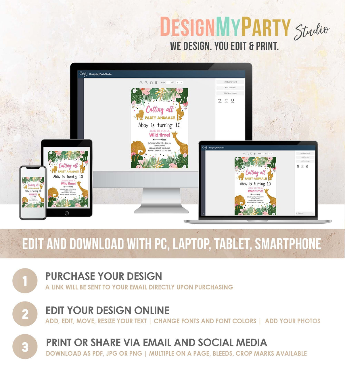 Editable Safari Animals Birthday Invitation Calling All Party Animals Girl Party Zoo Pink Gold Digital Download Template Printable 0016