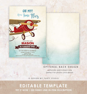Editable Airplane Birthday Invitation Oh My How Time Flies Vintage Plane Sky 1st Red Biplane Aircraft Wing Download Corjl Template 0011