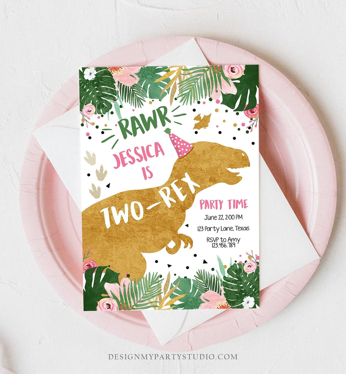 Editable Two-Rex Dinosaur Birthday Invitation Dino TRex Girl Second Birthday 2nd Two Pink Gold Prehistoric Evite Template Printable 0146