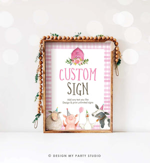 Editable Custom Sign Farm Animals Sign Pink Barnyard Birthday Decorations Girl Cow Pig Table Sign Pink Gingham 8x10 Template PRINTABLE 0155