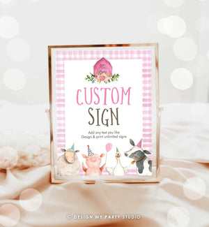 Editable Custom Sign Farm Animals Sign Pink Barnyard Birthday Decorations Girl Cow Pig Table Sign Pink Gingham 8x10 Template PRINTABLE 0155