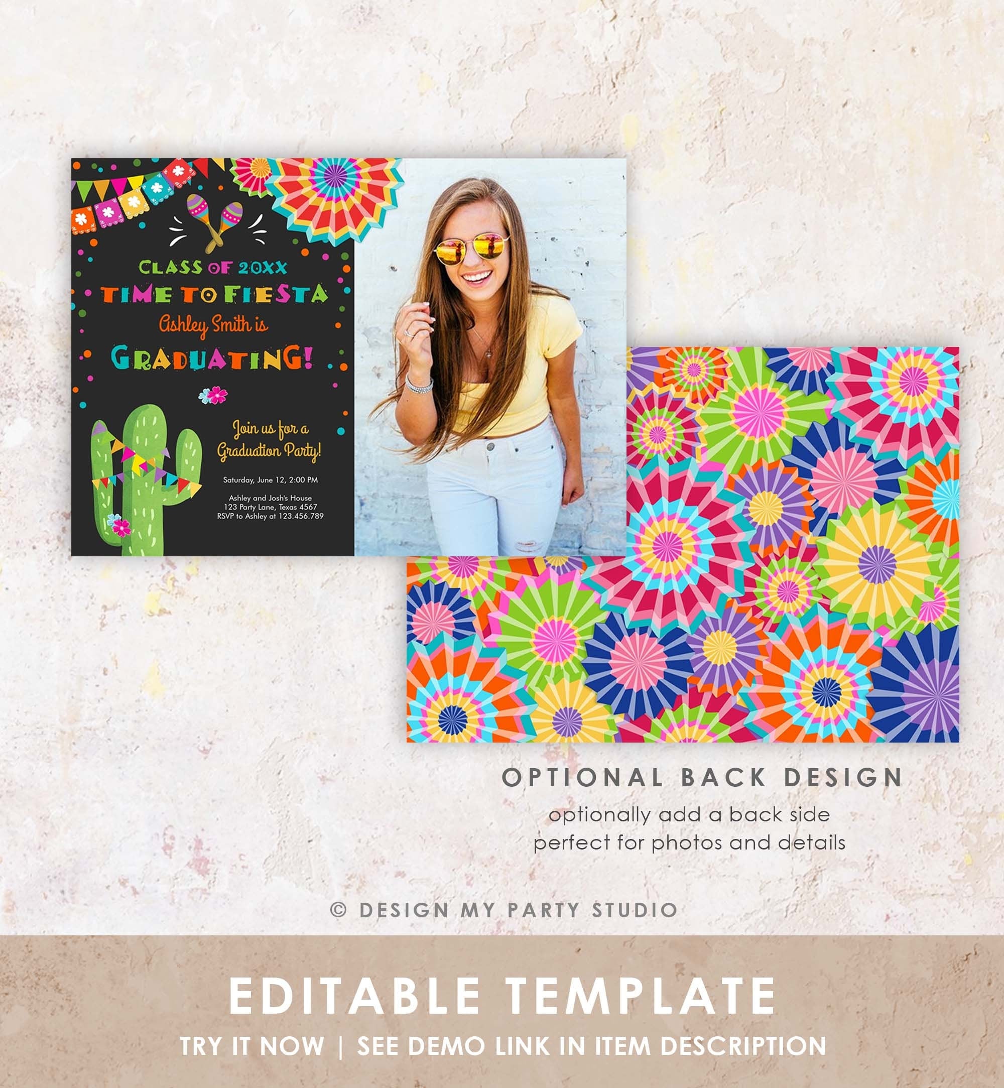 Editable Fiesta and Fun Graduation Party Invitation Finally Done Let's Fiesta Mexican High School College Degree Template Printable 0045