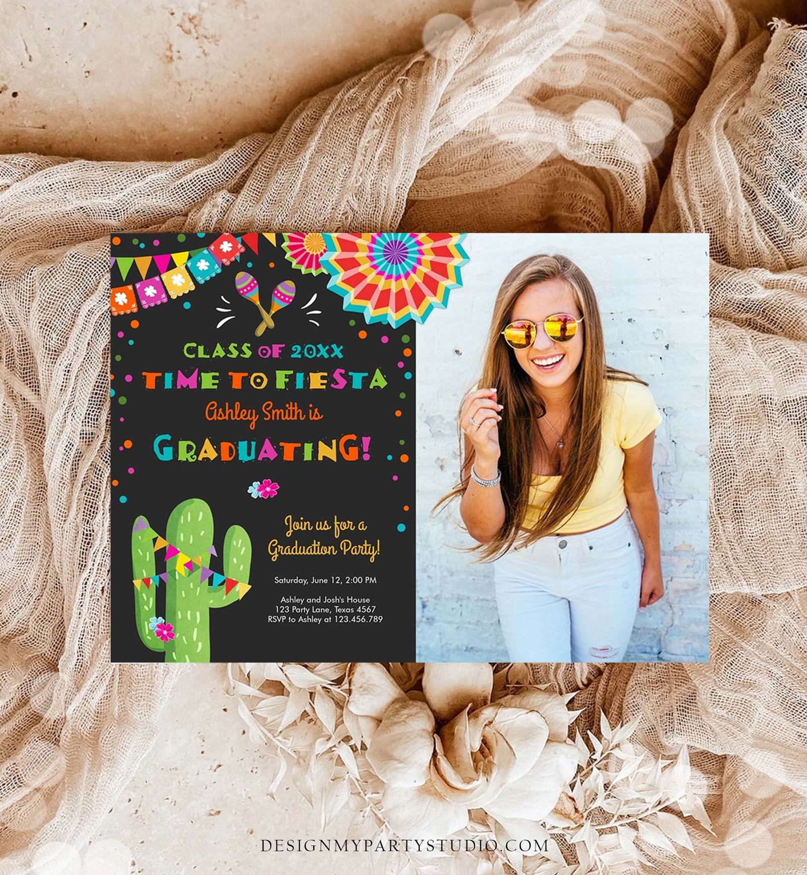 Editable Fiesta and Fun Graduation Party Invitation Finally Done Let's Fiesta Mexican High School College Degree Template Printable 0045