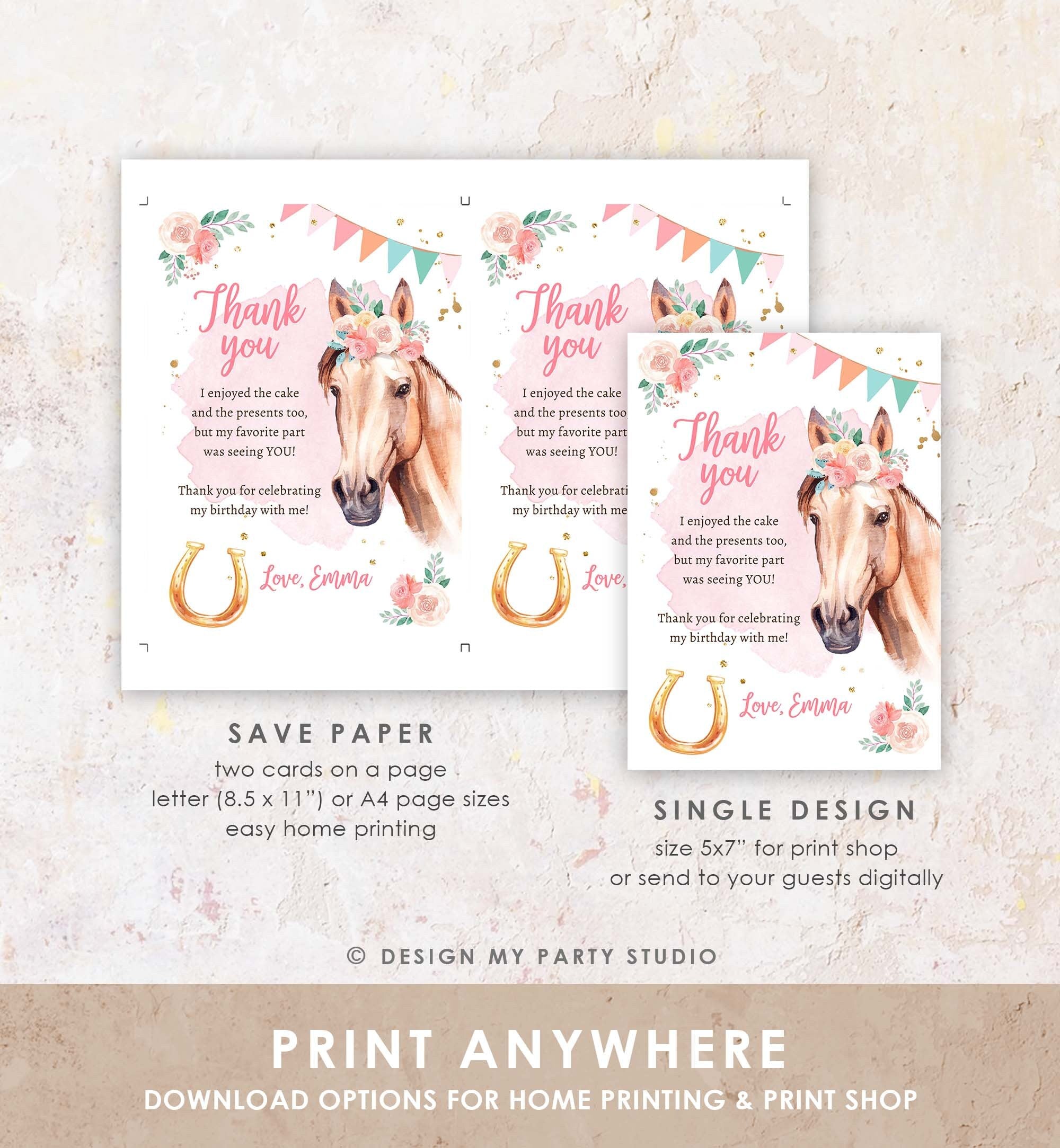 Editable Horse Birthday Thank You Card Card Girl Horse Party Cowgirl Pink Floral Flowers Saddle Up Download Digital Template Printable 0398