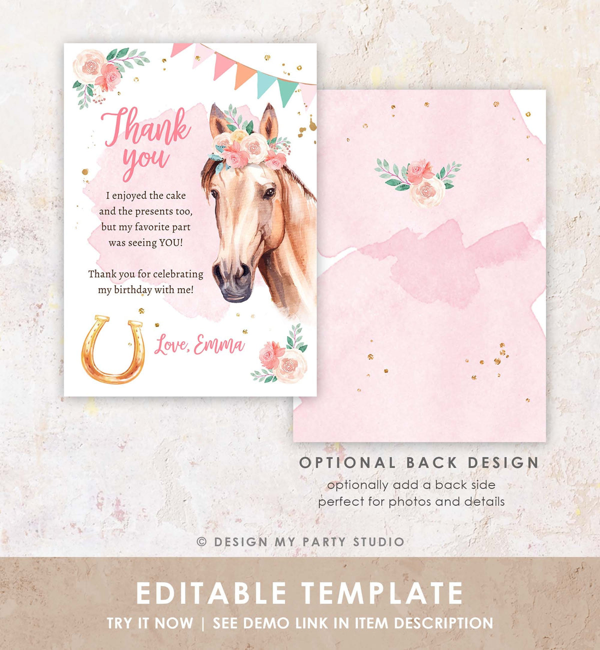 Editable Horse Birthday Thank You Card Card Girl Horse Party Cowgirl Pink Floral Flowers Saddle Up Download Digital Template Printable 0398