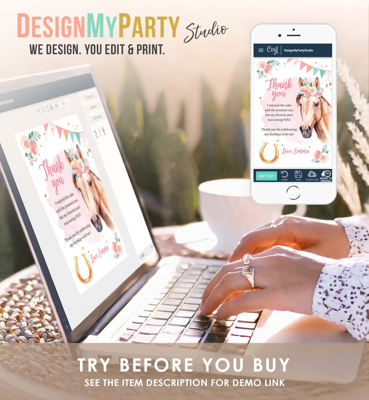 Editable Horse Birthday Thank You Card Card Girl Horse Party Cowgirl Pink Floral Flowers Saddle Up Download Digital Template Printable 0398