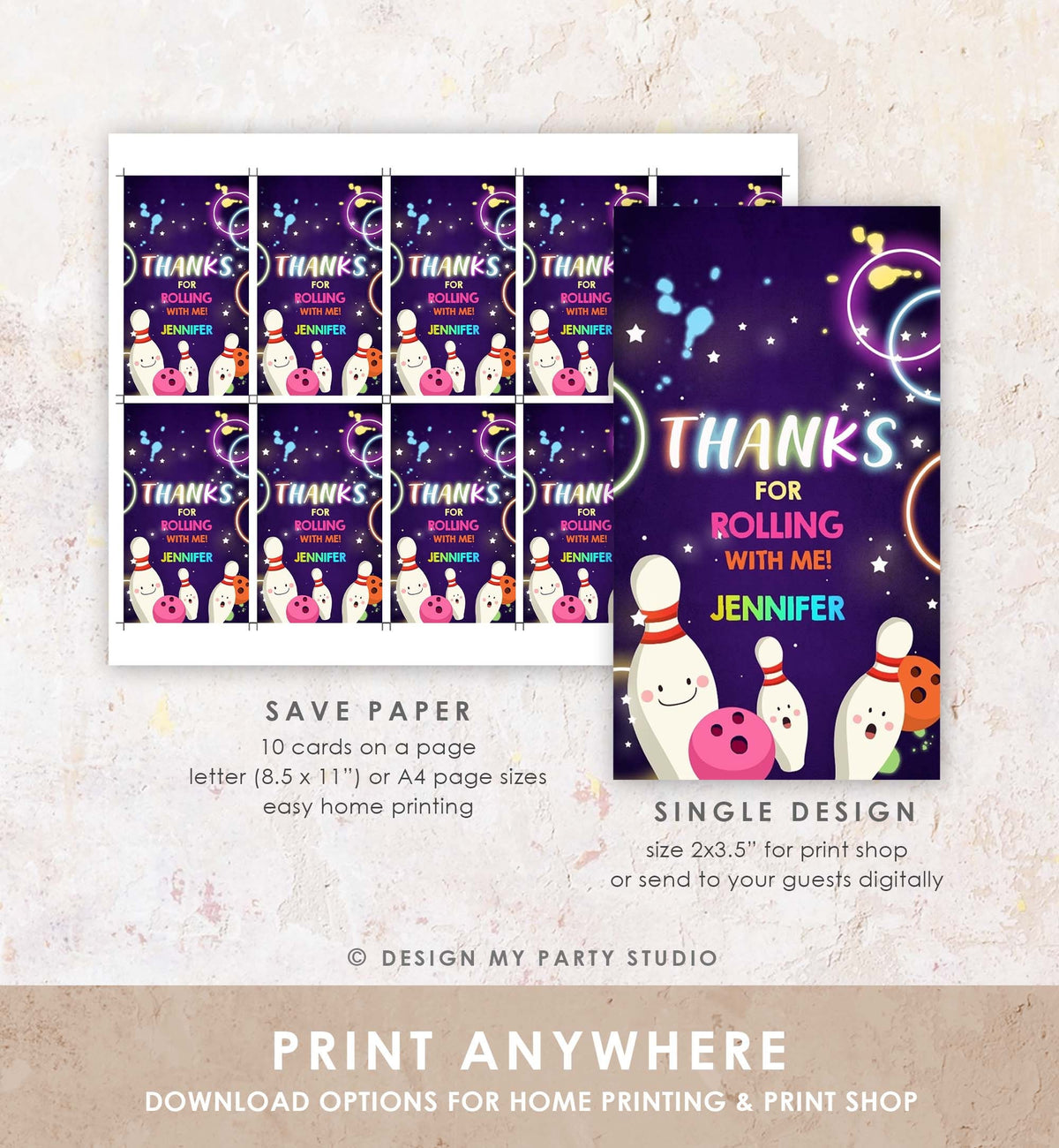 Editable Bowling Favor Tag Neon Glow Birthday Girl Bowling Thank You Tag Label tags Neon Pink Rolling With Me Labels Template Printable 0172