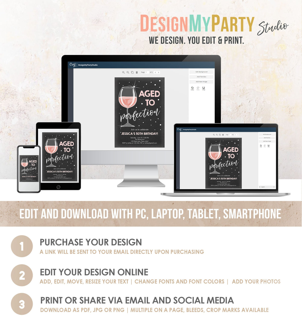 Editable Aged to Perfection Birthday Invitation Wine Bubbly Adult Birthday Rustic Surprise Digital Download Evite Template Printable 0252