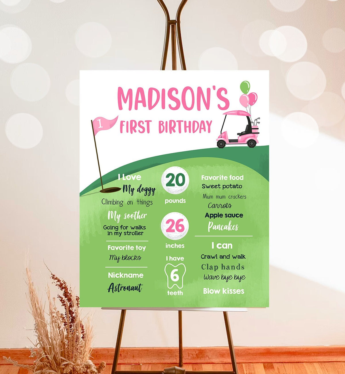 Editable Golf Birthday Milestones Sign Hole in One Golf First Birthday Girl 1st Golf Court Golf Party Pink Template Printable Corjl 0405